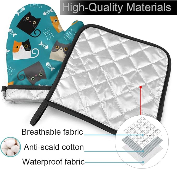 Cute Cats Oven Mitts and Pot Holders Funny Kitten Insulated Gloves & Kitchen Counter Safe Mats for Cooking BBQ Baking Grilling (2-Piece Set)
