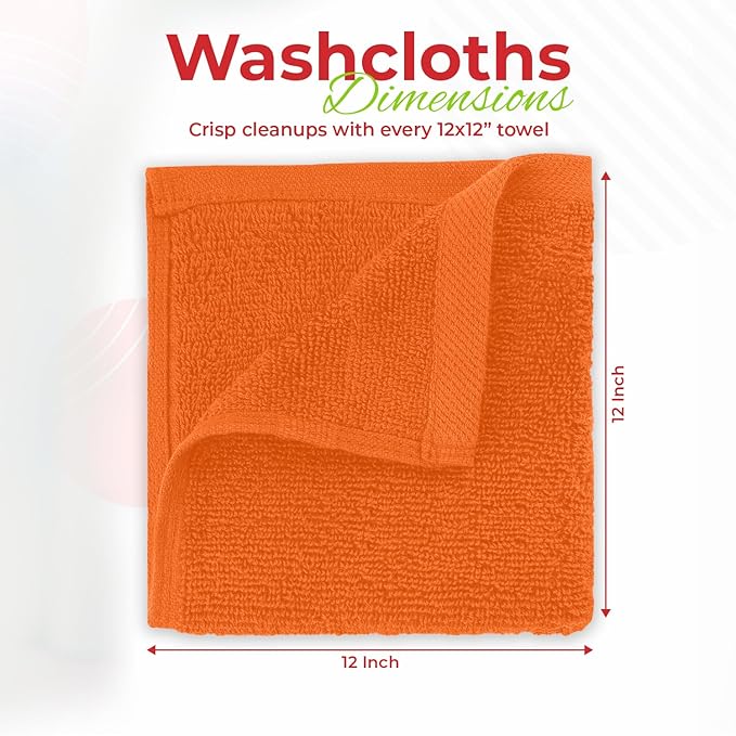 RIVERSIDE 12 Pack Washcloths - 12x12 Inches, 500 GSM, 100% Ring-Spun Cotton - Soft, Absorbent & Durable Face and Body Towels - for Bathroom, Spa, Gym, Makeup Removal & Everyday Use - Orange