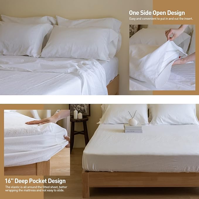 Simple&Opulence Belgian Linen Sheet Set Solid Color - 6 Pieces (1 Flat Sheet & 1 Fitted Sheet & 4 Pillowcases) 16" Deep Pocket Natural Flax Cotton Blended Soft Bedding - White, Queen Size