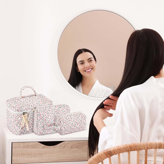 Paterr Makeup Bag Set 3 Pcs Large Quilted Cotton Make up Bags for Women Cosmetic Travel Toiletry Organizer Pouch Cute Aesthetic Storage Purse(Pink,Pink Floral)