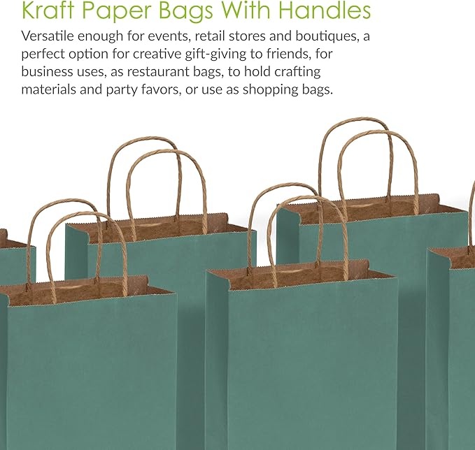 Prime Line Packaging Mini Green Gift Bags with Handles, Kraft Paper Shopping Bags for Treats, Goodies, Party Favors, Christmas, Holidays, Bulk, 6x3x9, 100 Pack