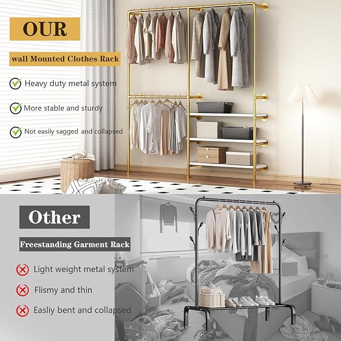 KAILNKISS Industrial Pipe Clothing Rack, Gold Clothing Rack with Shelves, Wall Mounted Clothes Rack Heavy Duty Closet Organizers Wardrobe Multi-Purpose Storage Clothes Hanging Shelf - 70.8''L Gold