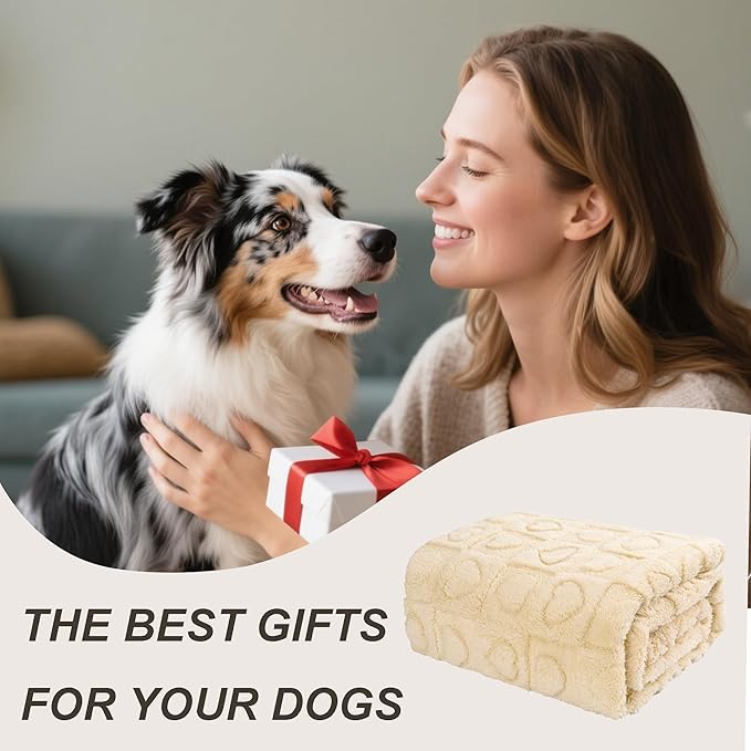 gogobunny Calming Plush Dog Cat Blanket 300GSM Coral Fleece, Ultra-Soft Machine Washable Pet Bedding for Small Medium Dogs Cats Puppies Kittens (Beige, 60x80)