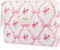 Gosect Floral Makeup Bag, Small Cosmetic Bag for Women Girls, Cute Cotton Makeup Bag, Quilted Makeup Bags, Flower Travel Toiletry Organizer Bag(Pink bow ties)