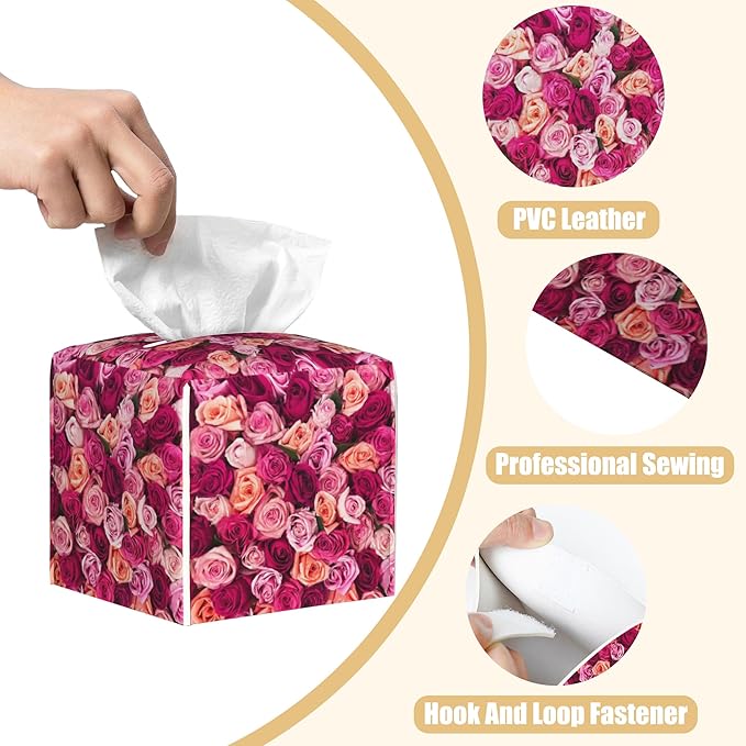BLYKVGHQ Square Tissue Box Cover Pink and Orange Roses Tissue Box Holder Facial Cube Paper Dispenser Leather Decorative Organizer Home Office Desk Decor, 5.2"x5.2"x5.2"