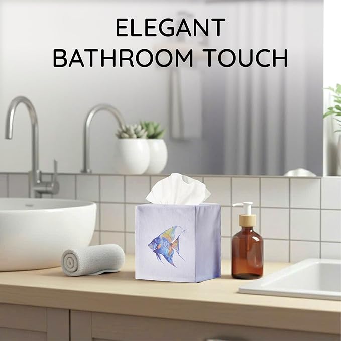 EmbroideryLinen.VN Tissue Box Cover Set of 2, Square Linen Tissue Holder, Printed Animal Pattern, 4.5x4.5x5.5 Inches, Decorative Holder for Bathroom, Living Room, Office (Fish)