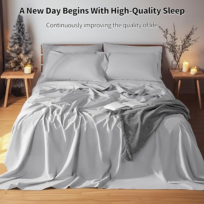 LBRO2M 100% Linen Sheet Set Full Size, Bed Sheets 6 Piece Sets,Solid Color Natural Flax Bed Sheets Soft Breathable Bedding,16" Deep Pocket,All Season (Full, Grey)