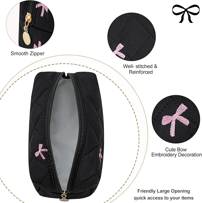 Gleyemor Small Quilted Makeup Bag for Women, Cute Floral Bow Cosmetic Bag, Emergency Bag Travel Toiletry Cotton Pouch Gifts for Girls Her Mom Friend Sister Bridesmaid (Black&Pink Bow)