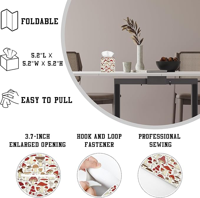 OHEGBXE Tissue Box Holder Cartoon Mushrooms and Field Plants Square Leather Tissue Box Cover Modern Cube Facial Paper Cover Case for Bathroom Vanity Countertop Night Stands Tabletop