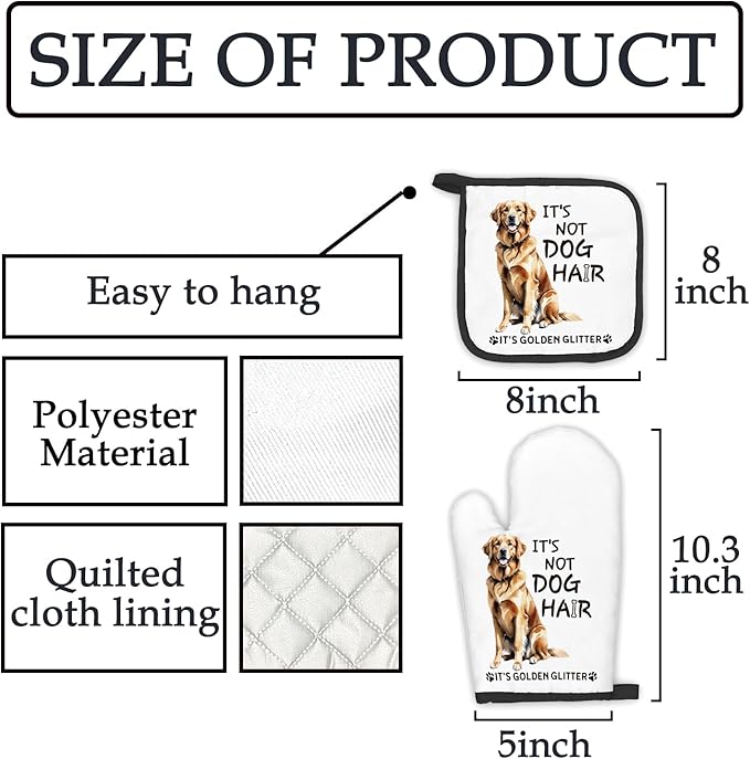 Golden Retriever Gifts Dog Oven Mitts and Pot Holders Sets, Golden Retriever Decor Kitchen Accessories Sets, It’s Golden Glitter Dog Heat Resistant Oven Glove Potholders for Kitchen Baking