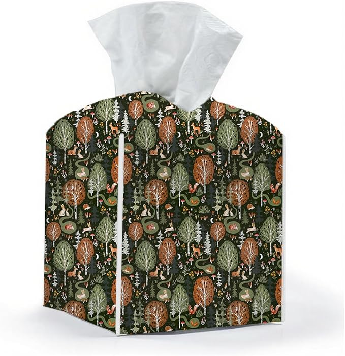 Tissue Box Cover, Tissue Box Holder, Square with Belt Bottom, PU Leather Decorative Organizer for Desk, Tabletop, Countertop Bathroom, Toilet Car, Office, Dresser Kitchen, Rabbit Deer Flower Decor
