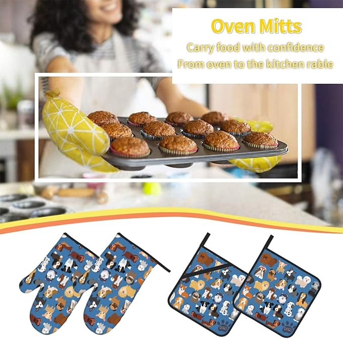 Cute Dogs Blue Oven Mitts and Pot Holders 4 Pcs Set Puppy Animals Oven Gloves and Potholders for Cooking Microwave BBQ Baking Grilling