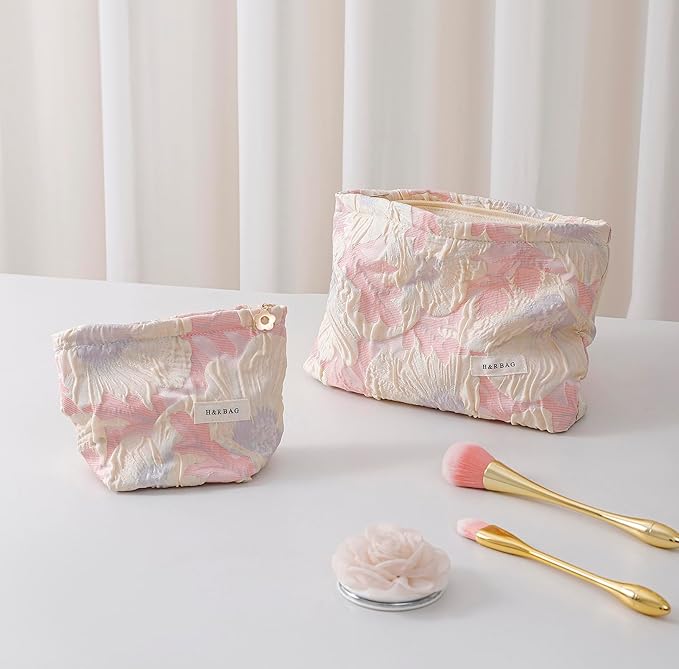 getgto 2 Pcs Makeup Bags, Large Cosmetic Bag Travel Toiletry Bag Organizer for Women, Embroidery Craft, Floral Makeup Bag Small Cosmetic Pouch Purse with Zipper Gifts for Girls Teen