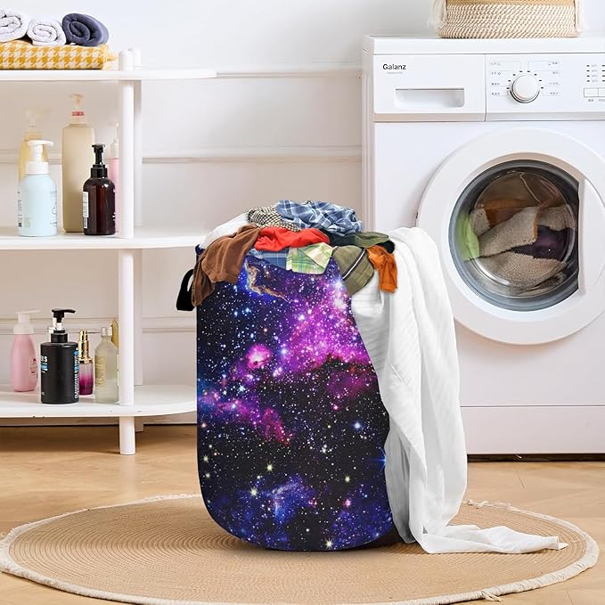 Purple Starry Sky Laundry Basket with Sturdy Handles, Galaxy Collapsible Oxford Cloth Laundry Hamper Organizer Basket for Bathroom Bedroom 15.7x20 Inch