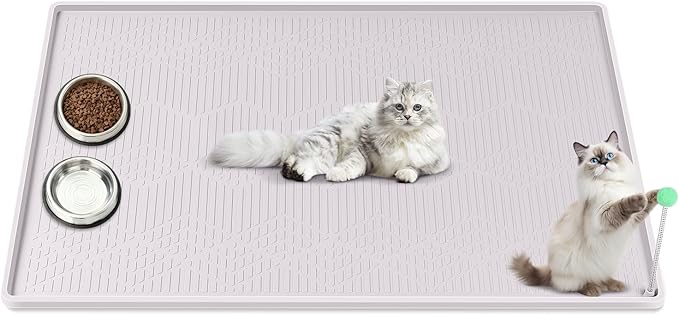Bartuke Cat Food Mat with Toy Ball, 38'' x 25'' Extra Large Silicone Pet Feeding Mat with Raised Edge Pet Placemat for Food and Water Bowl Non-Slip, Easy to Clean, Floor Protection (White)