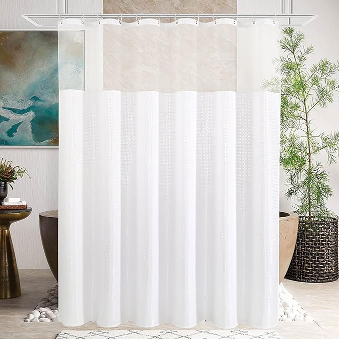 Gibelle Waffle Weave Shower Curtain with Mesh Top Window and Hooks Set, Spa Like Hotel Style Fabric Shower Curtain for Bathroom, White, 72x72
