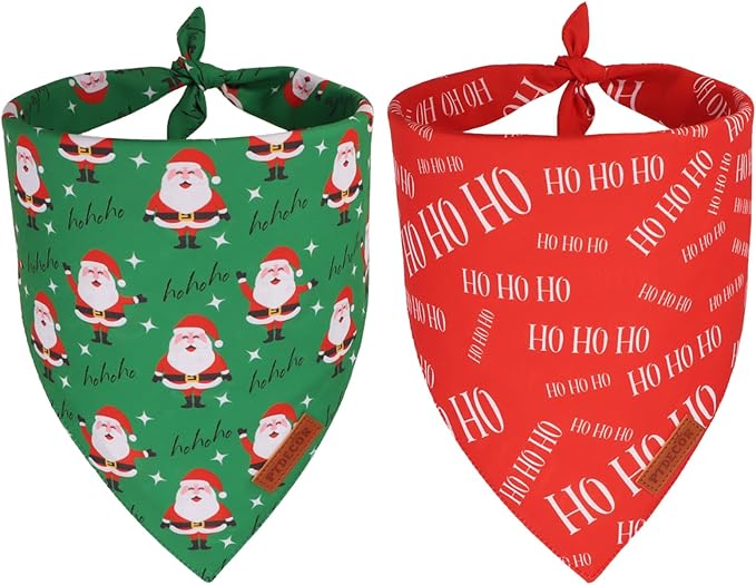 PTDECOR Christmas Dog Bandana, HOHO Santa Design Reversible Holiday Pet Scarf, Premium Durable Fabric, Red Green Triangle Christmas Bandanas for Medium Large Dogs Pets (Large)