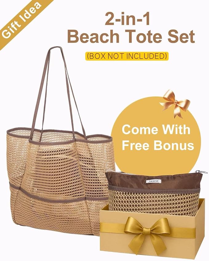 ToKismet Mesh Beach Tote Bag Packable,2026 New 2-in-1 Large Lightweight Foldable Beach Bags with Multiple Pockets for Women