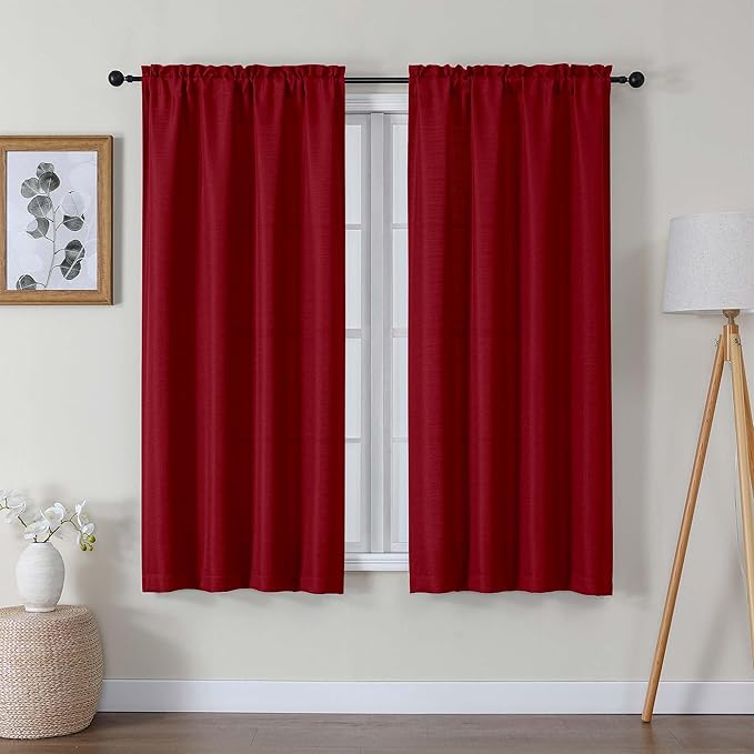 Lecloud Bessie Red Christmas Curtains 63 Inch Length 2 Panels, Privacy Faux Linen Breathable Light Filtering Curtain, Rustic Dual Rod Pocket Window Drapes for Bedroom Livingroom, Each 40" W x 63" L