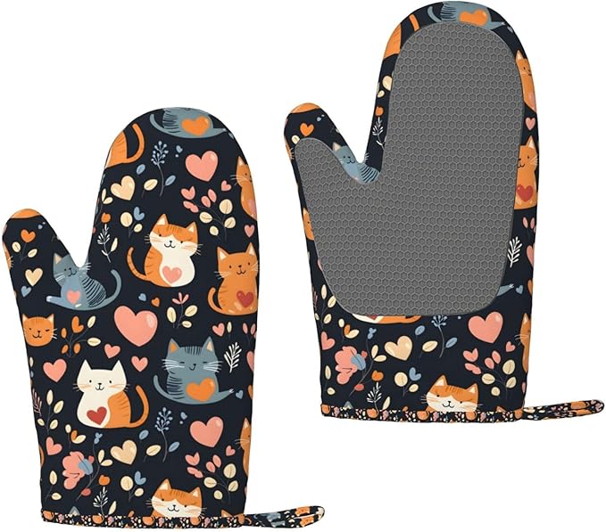 Oven Mitts 2 Pack, Silicone Kitchen Gloves, Heat Resistant with Non-Slip Grip and Soft Quilted Cotton Lining for Cooking Barbecue Backing (Cats and Hearts)