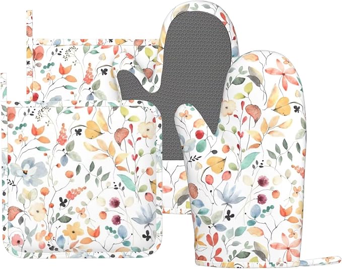 Sprint Floral Butterfly Oven Mitts Pot Holders Set Silicone Rustic Colorful Wild Flowers Kitchen Oven Mitts Heat Resistant Potholders Non-Slip 4pcs Hot Pads and Oven Gloves Sets for Cooking