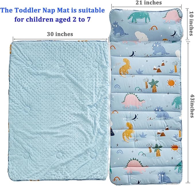Cotton Toddler Nap Mat with Zipper,Detachable Minky Blanket and Removable Pillow,Soft Slumber Bags for Boys,Kids Sleeping Bag for Daycare Preschool Kindergarten,Dinosaur Toddler Sleeping Mat - Blue