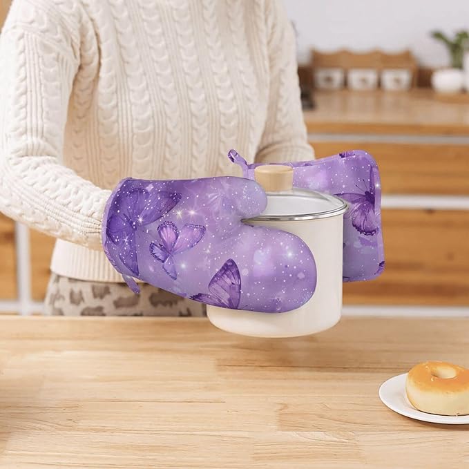 Oven Mitts Pot Holders Set Butterfly Purple Pastel Silicone Kitchen Gloves Potholders Heat Resistant for Chef Baking Cooking Grilling BBQ 4 Pack Mitt
