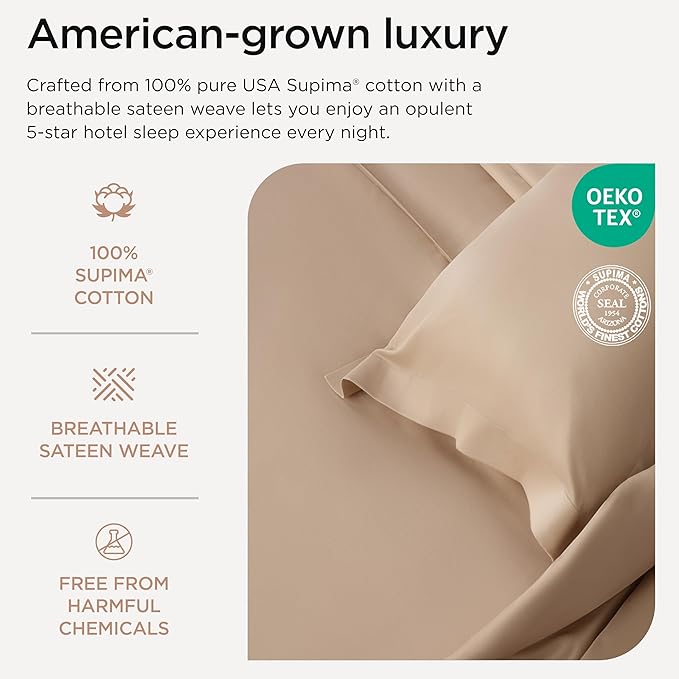 Threadmill Luxury Full Size Sheets | 656 Thread Count Certified Supima Cotton Sheets for Full Size Mattress | 5-Star Hotel Quality 4 Piece Bed Sheets with Extra Deep Pocket |Beige Sheet