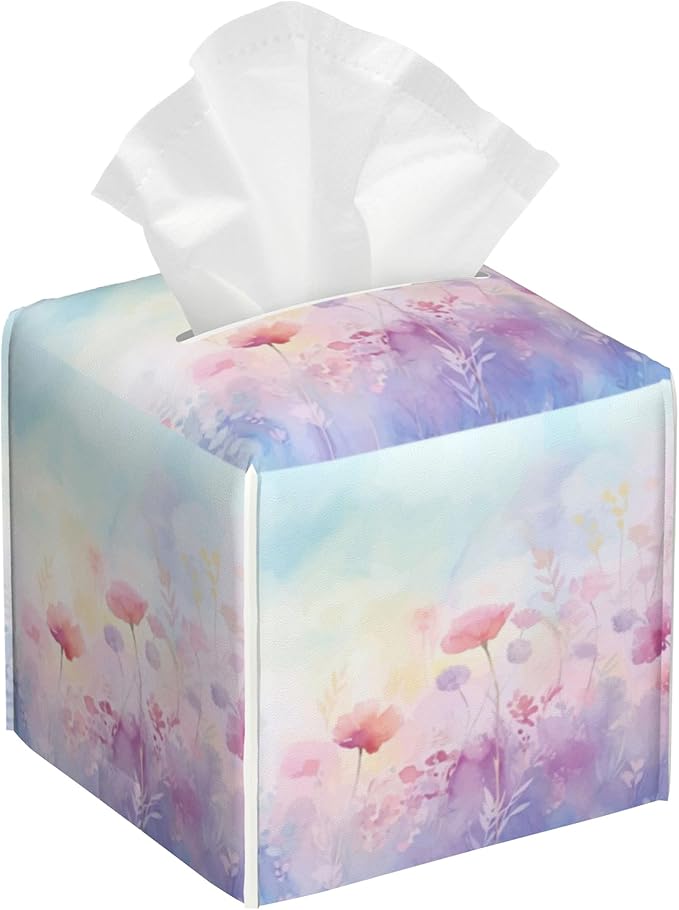 Watercolor Colored Pastel Boho Floral Tissue Box Cover Square Leather Tissue Holder Waterproof Facial Paper Organizer Dispenser Cube Paper Cover Case for Home Office Bathroom Vanity Countertop