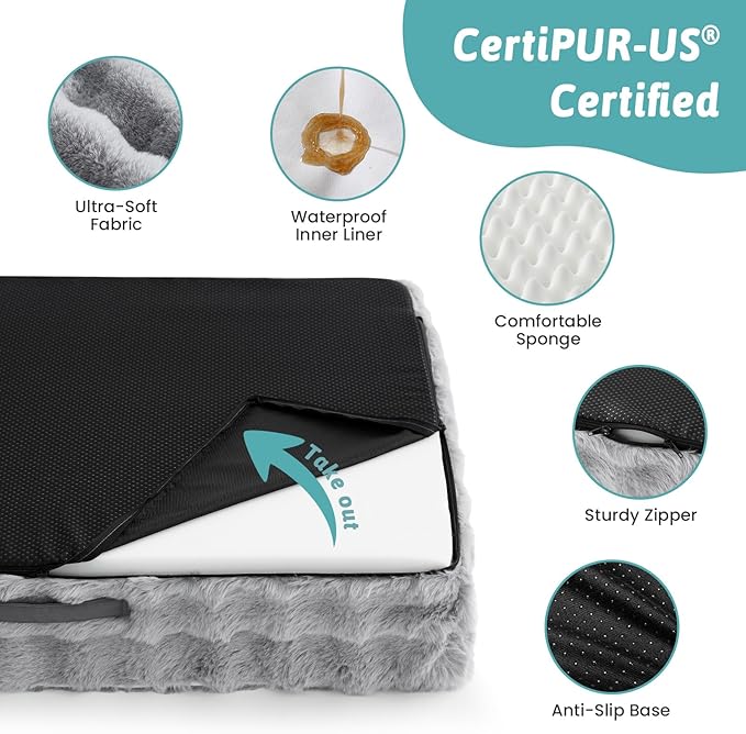 COZY KISS Orthopedic Dog Bed for Large Size Dog, Soft and Warm Faux Fur Extra Large Sofa for Pet Up to 100 lbs, Foam Bolster Anti-Slip Couch with Washable Removable Cover, XL 44x32x7 inch, Grey