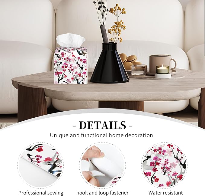 POIUBLE Leather Tissue Box Holder Pink Blooming Flowers Tissue Box Cover Square Waterproof Tissue Holder Organizer Modern Napkin Holder for Bedroom Dresser Night Stand Office Desk