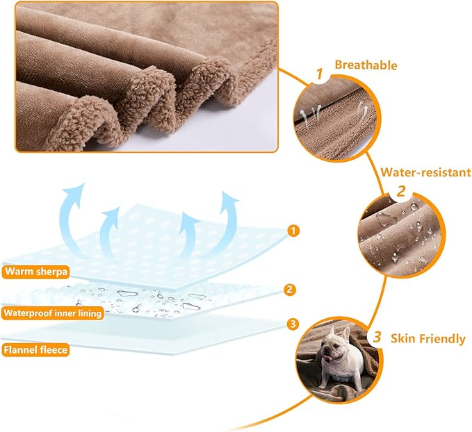 Maidewow Waterproof Big Browm Dog Blanket for Bed Cover Reversible Pet Puppy Fluffy Jacquard Blankets Leakproof Mats for Sofa Couch Cover Washable-Camel,XXL