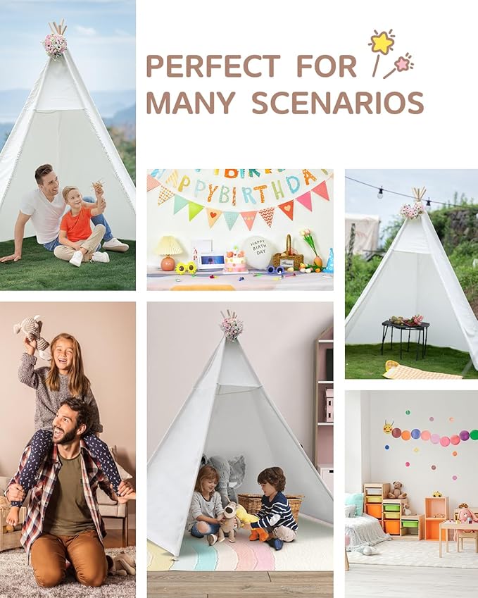 86" H Larger Teepee Play Tent, Huge Foldable Teepee Indoor with Star Light, Large Tall Outdoor Canvas Teepee Tent for Adults, 5 Sides Wide Open Front Beach Teepee Without Door Flaps