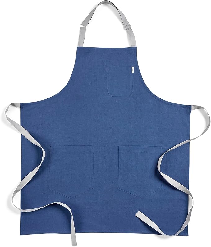 Solino Home Linen Bib Apron for Men & Women - 33 x 30 Inch Kitchen Apron with Front Pockets - Handcrafted from European Flax