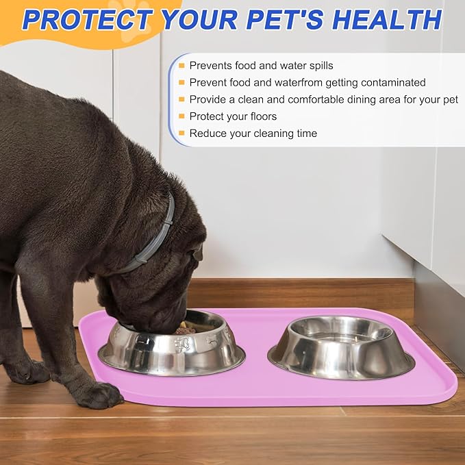 SMILOOL Silicone Pet Feeding Mat with Raised Edge for Food and Water, Dog Bowl Mats, Cat Bowls Placemat with High Lip for Floor Waterproof, Rubber Tray for Cats and Dogs 19 x 12 x0.7 Pink