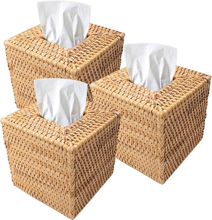 LECEHIVO 3 Pcs Square Rattan Tissue Box Cover Decorative Hand Wicker Woven Tissue Box Holder 5.5'' x 5.5'' x 5.5'' Boho Natural Tissue Cube Napkin Holder for Bathroom, Office, Car Accessories (Wood