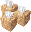 LECEHIVO 3 Pcs Square Rattan Tissue Box Cover Decorative Hand Wicker Woven Tissue Box Holder 5.5'' x 5.5'' x 5.5'' Boho Natural Tissue Cube Napkin Holder for Bathroom, Office, Car Accessories (Wood
