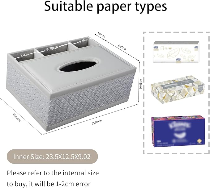 XNONE Tissue Box Cover Rectangle White Kleenex Box Holder PU Leather Facial Tissue Organizer,Multifunctional Remote Control Stationery Storage Box,Home Office Supplies Car Napkin Caddy