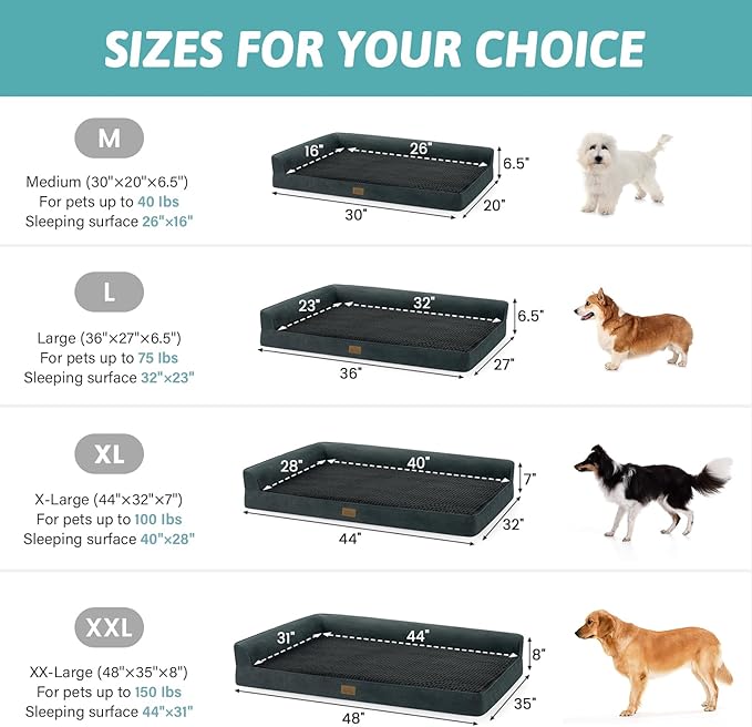COZY KISS Orthopedic Dog Bed for Extra Large, XXL Dogs Bed, L Shaped Foam Anti-Slip Bottom Giant Pet Cat Sofa with Washable Cover, Suitable for Pet Up to 150 lbs, 48x35x8 inch, Black ﻿