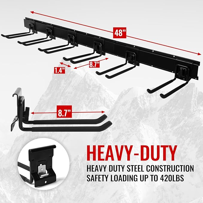 Aking Ace Garage Organization Wall Mount,96inch Garden Tool Organizer with 6 Clamping Hooks, Heavy Duty, Garage Hanging Storage Rack for Yard Tools, Shovel, Shed, Hold Up to 420lbs (96Inch Black)