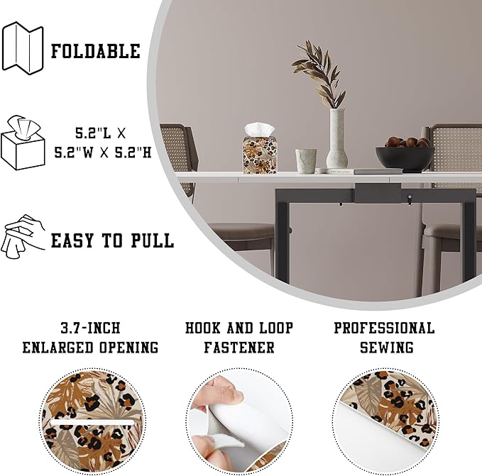 OHEGBXE Tissue Box Holder Tropical Leaves and Brown Leopard Spots Square Leather Tissue Box Cover Modern Cube Facial Paper Cover Case for Bathroom Vanity Countertop Night Stands Tabletop