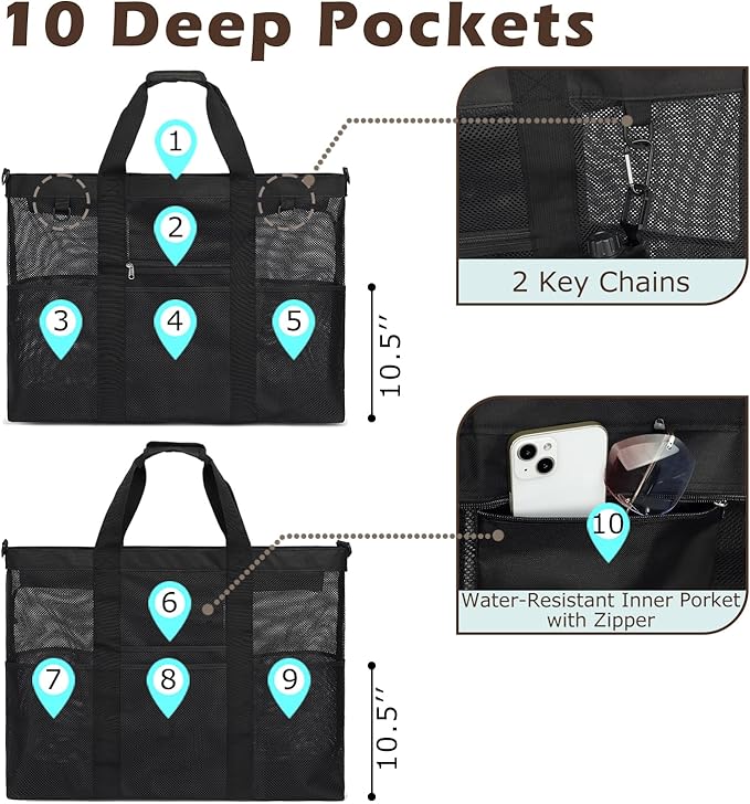 Fammart Mesh Beach Bag, Large Beach Tote Bags with Zipper, Toys Pool Bag for Family Travel Vacation Cruise Essentials
