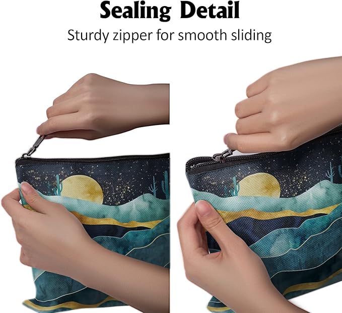 Cafl Mountain Cactus Moon Makeup Bag Travel Large Boho Desert Cactus Cosmetic Bag Essentials Jewelry Skincare Zipper For Women-10×8 inch