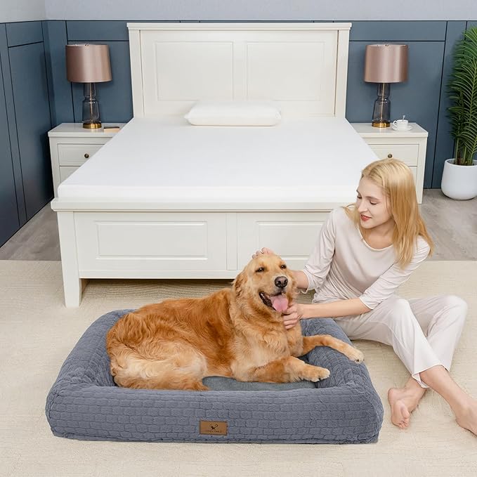 Plush Orthopedic Dog Bed for Medium Large Dogs, Memory Foam Bolster Sofa Bed with Removable Washable Cover, Waterproof Lining & Non-Slip Bottom (Grey-S)