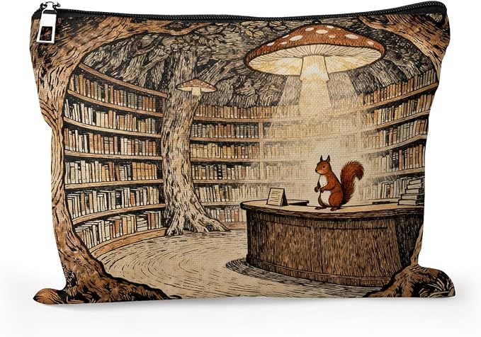 Cafl Forest Library Squirrel Makeup Bag Travel Large Mushroom Lamp Cosmetic Bag Organizer toiletry Essentials Jewelry Zipper Bag Gift For Women -10×8 inch