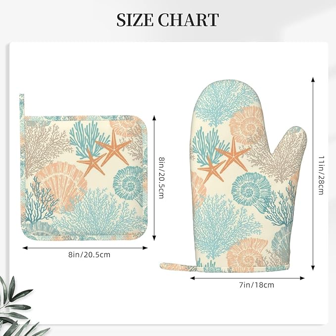 Nautical Coastal Oven Mitts and Pot Holders Set, 4pcs Silicone Starfish Seashell Coral Beach Themed Oven Glove for Kitchen Heat Resistant Oven Mitts and Non-Slip Potholders Orange Beige