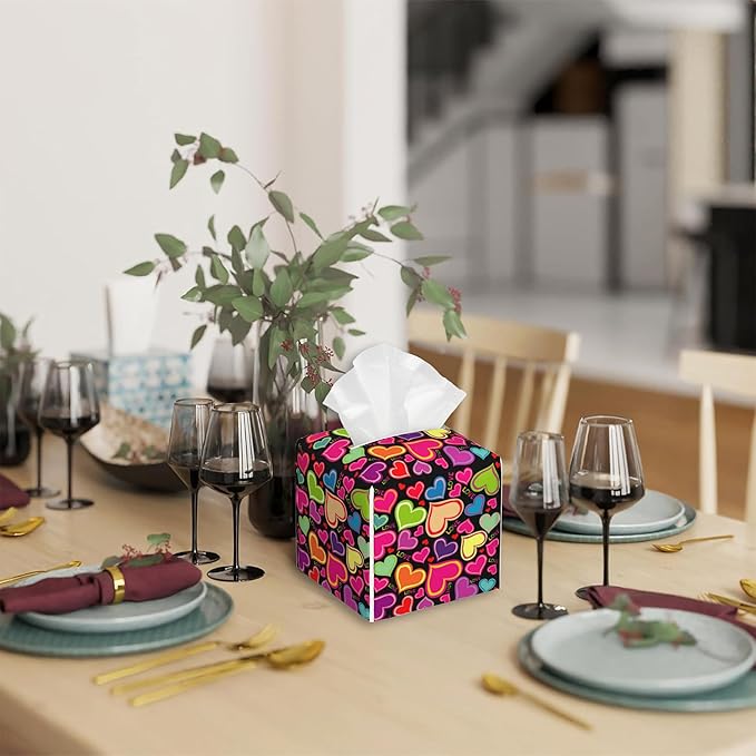Rainbow Hearts Tissue Box Cover Square,Tissue Box Holder with Belt Bottom,Stylish Leather Napkin Holder for Vanity Countertop,Nightstands,Office Desk,5.2"×5.2"×5.2"