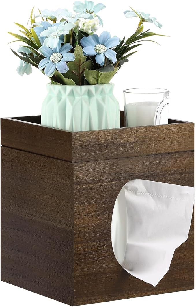 Tissue Box Cover, Brown Tissue Box Cover with Storage Tray Square Tissue Box Covers Holder for Bathroom, Bedroom, Dinner Table, Office, Tabletop 6" x 6" x 7.4"