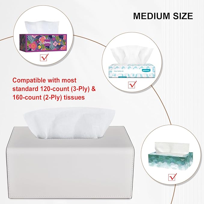 KINGFOM Tissue Box Cover, PU Leather Rectangular Tissue Box Holder with Magnetic Bottom Cover for Facial Tissues/Napkins, Office & Living Room Decor Box (Ivory White)