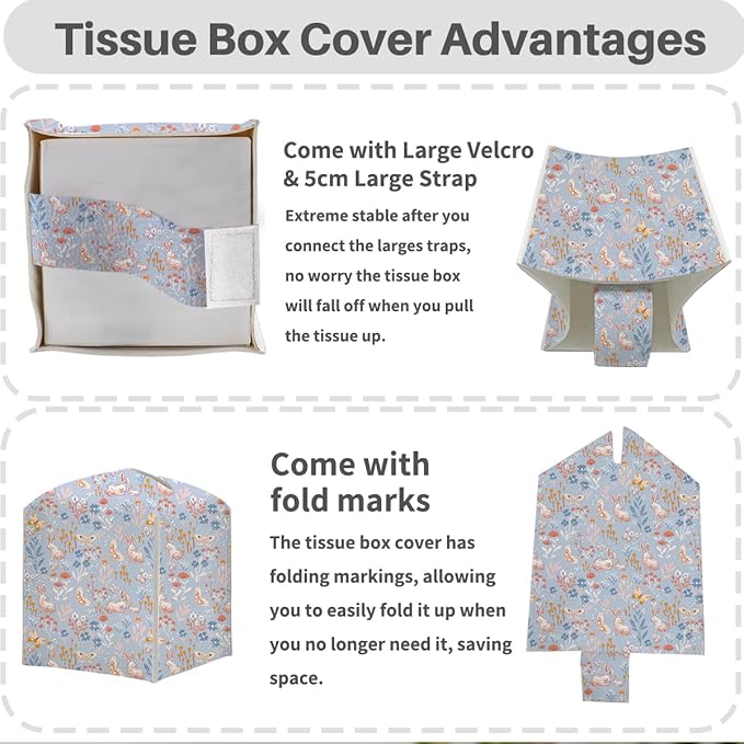 Tissue Box Cover, Tissue Box Holder, Square with Belt Bottom, PU Leather Decorative Organizer for Desk, Tabletop, Countertop Bathroom, Toilet Car, Office, Dresser, Rabbit Butterflyc Flower Decor